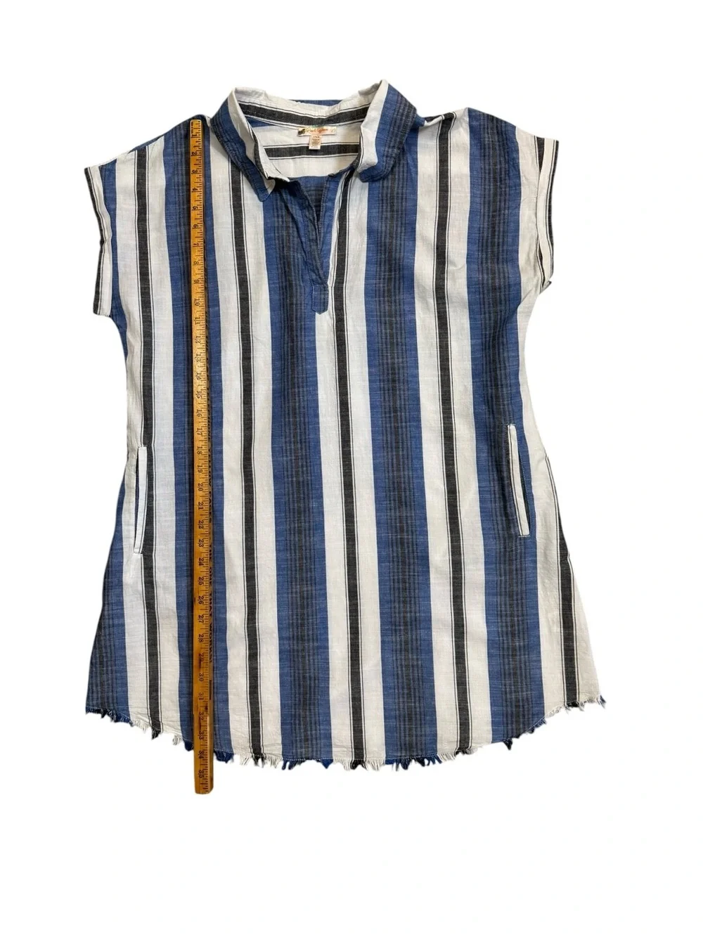 Rise & Bloom Striped Shirt Dress Blue White Fringe Hem Size L